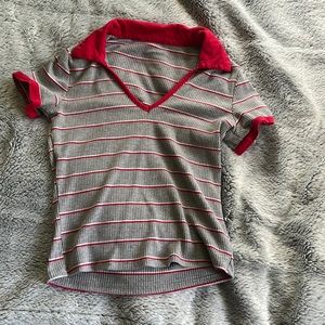 Grey shirt with red and white stripes red collar fitted stretchy v neckline